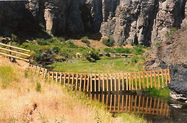a new paneled exclosure fence strung across the stream with green grass and vegetation in the background and tall gray rocks. 