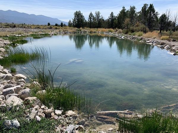 a clear blue pond surrounded by rocks with mountains in the background