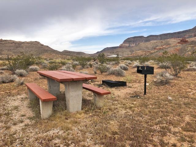 Picnic table, grill, and fire pit in a desert landscape with mountains in the background.