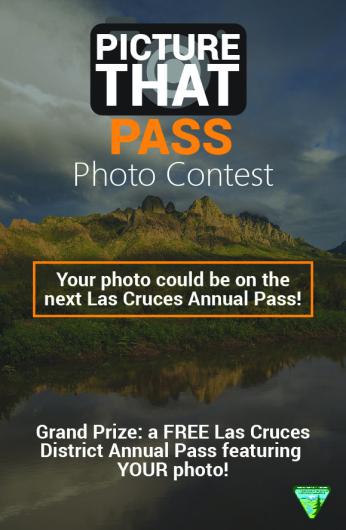 Information about the Las Cruces Annual Pass Photo Contest superimposed over the Organ Mountains.