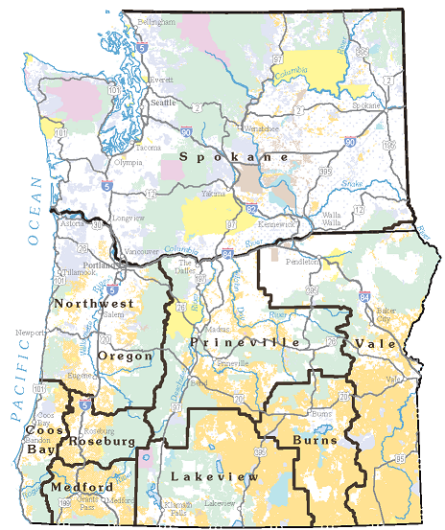 map showing blm district boundaries in oregon and washington