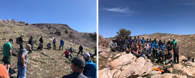 Two photos of Color Country and Paria River Districts fire staff. Wildland fire staff circle around to hear the lessons learned from personnel who were present at the Devil's Den Fire incident. This year's staff ride attendees pause for a moment near Devil's Den box canyon.