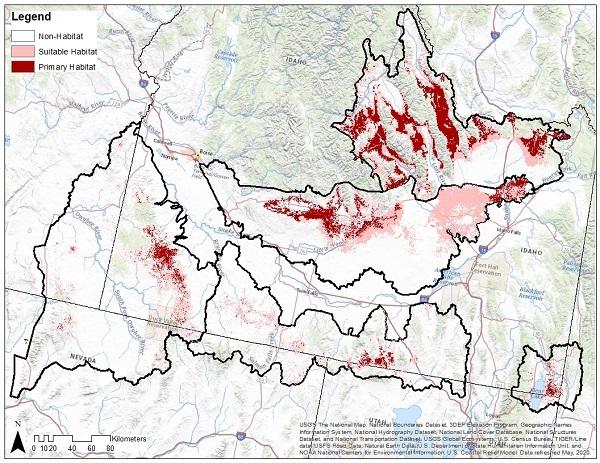 Map from Rush’s thesis displaying modeled suitable and primary habitat across different regions in Idaho. 