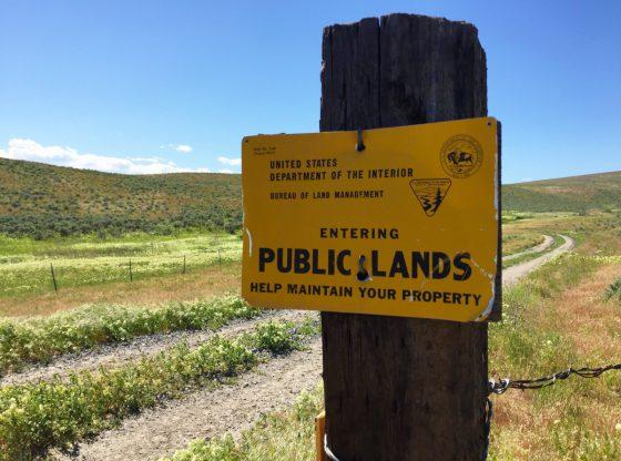 yellow sign on wooden post near two track road leading into rolling hills on a blue sky sunny day