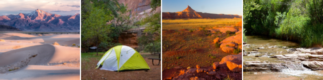 Utah public lands with sand dunes, camping, red rock landscapes and a river. 