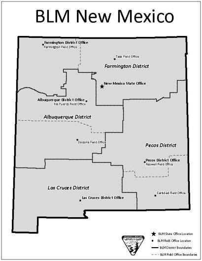 A jurisdiction map of the Bureau of Land Management New Mexico. The map shows the locations of the BLM state office and field offices, and the district and field office boundaries.