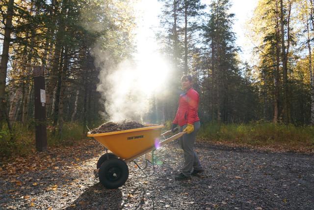 Outdoor wooded scene, a woman pushes a wheelbarrow full of mulch along a trail. Steam rises from the barrow as the sun shines through the surrounding spruce trees and the rising steam.