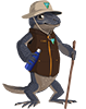 Agents of Discovery Agent for Sloan Canyon NCA. Lizard wearing BLM vest and hat standing with a walking stick