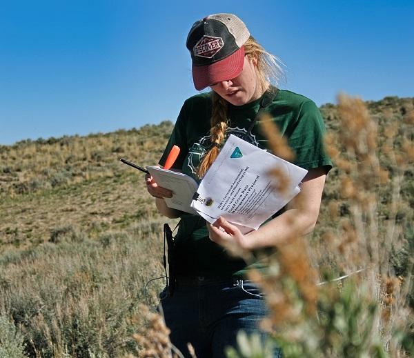 A woman standing in a field and looking down at a BLM report. 