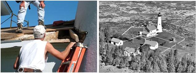 Left to right: Roof work at the Thunder Bay lighthouse and an aerial view of the lighthouse