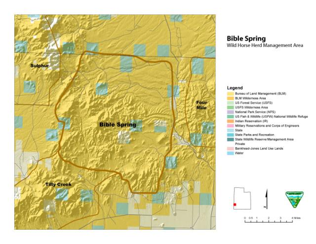 Bible Spring Herd Management Area Map with boundaries in betweenSulphur, Tilly Creek and Four Mile. 