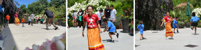 Three images of youth and the chaperone dancing at the Earth Connections Camp during their lunch break. 