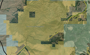 A GIS image depicting public access easements across private lands. 