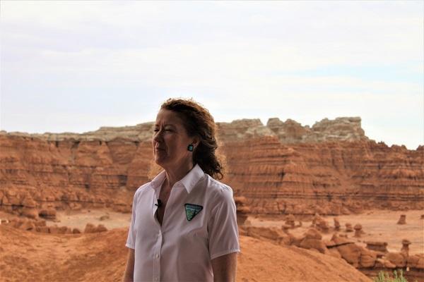 BLM Director Tracy Stone-Manning in front of the Goblin Valley Lookout.