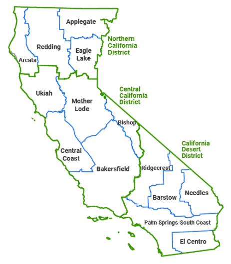 Simple map showing BLM Field Offices in California.