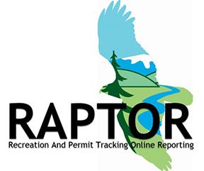 Outline of a raptor bird with the BLM logo in it. Text: RAPTOR Recreation And Permit Tracking Online Reporting