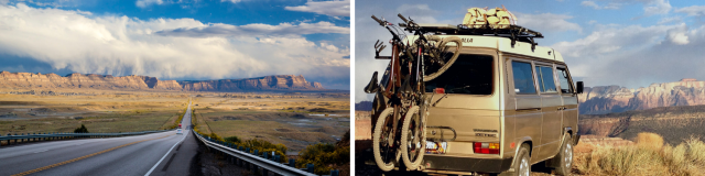 Two photos with a van that has a bike rack on the back and an image of a highway with a vast desert landscape in the background.