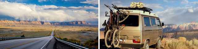 Two photos with a van that has a bike rack in the back and an image of a highway with a vast desert landscape in the background. 