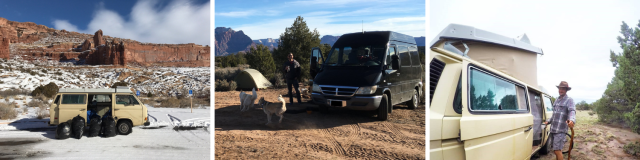 Three images of vans with a photo of a van in a parking lot with trash bags, a person with two dogs camping with mountains in the background, and a person standing next to their van holding a stick.