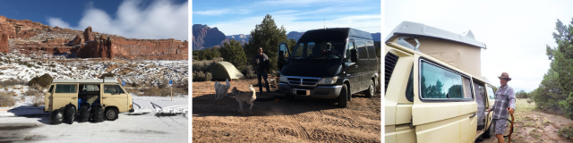 Three images of trucks with a photo of a truck in a parking lot with garbage bags, a person with two dogs camping with mountains in the background, and a person standing next to their truck holding a stick. 