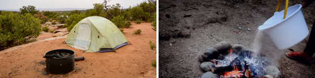 Two images of a campsite with a fire pit and a campfire with a bucket pouring water over the fire.