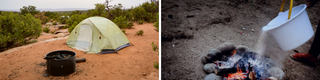 Two images of a campsite with a bonfire and a campfire with a bucket that pours water on the fire.  