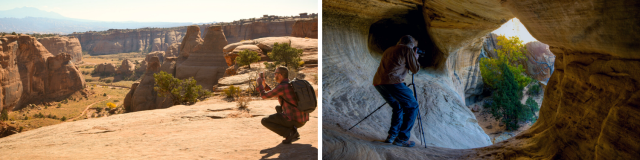 Two images of people taking photos and videos on a desert landscape and an arch. 