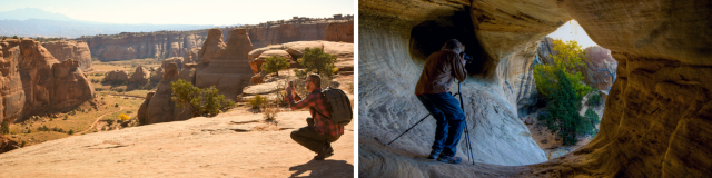 Two images of people taking photos and videos in a desert landscape and an arch. 