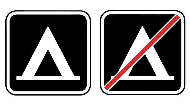 California camping sign side by side, tent on the left and tent with a red line on the right. 