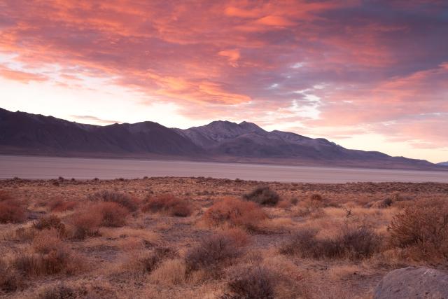 The Black Rock Desert Wilderness, in Nevada, with mountains under a cloudy sky.