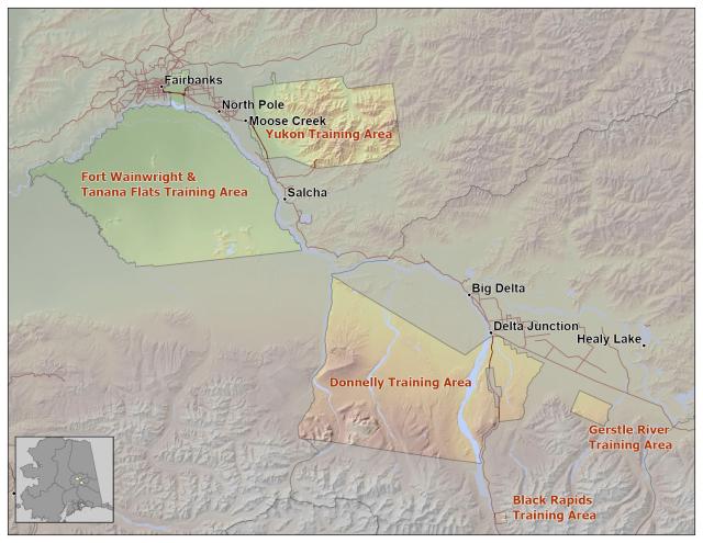 Map showing communities near Military Zone boundaries within Interior Alaska.