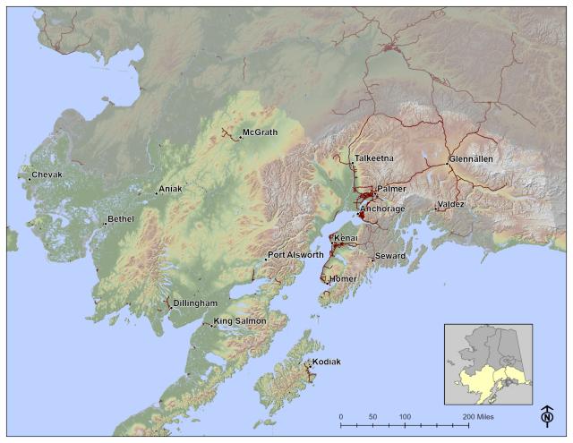 Map showing communities within the South Zone which covers southwestern, southcentral and southeastern Alaska.