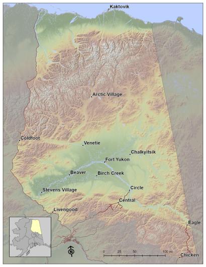 Map showing communities within the Upper Yukon Fire Management Zone that covers northeastern Alaska.