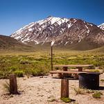 Picnic tables with mountains in the background. 