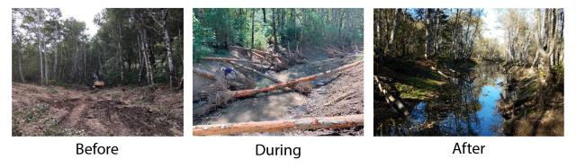 Three photos showing before, during and after the waterway habitat work.