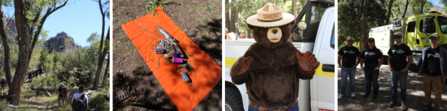 Collage of project photos with a group of volunteers walking along on a trail, a mat with some trash collected from the area, Smokey Bear standing on the side of a vehicle, and four people with BLM National Public Lands Day shirts standing in front of a fire engine.
