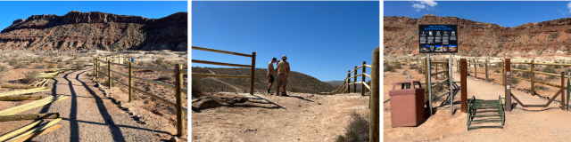 Collage of project photos with a partially completed fence on the side of the trail, two people standing near a recently installed navigation sign on the trail, and the entrance to the trailhead with a new education sign and fences to help protect Bearclaw Poppy habitat. 