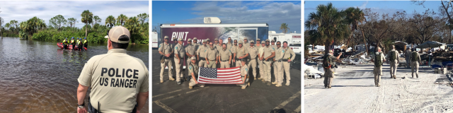 Three photos of BLM Utah law enforcement officers helping in areas severely impacted by Hurricane Fiona in Puerto Rico & Hurricane Ian in Florida by serving on a FEMA Search & Rescue team.