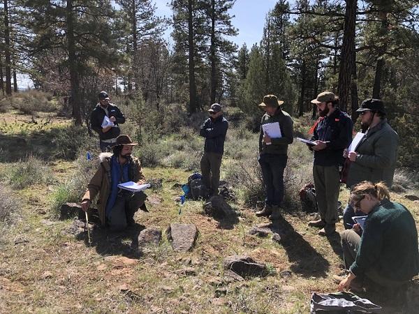 Thomas Reyes, Geospatial Ecologist from the California State Office, teaches Terrestrial AIM crews how to set up an AIM plot. Participants are standing around some trees with their notebooks. 