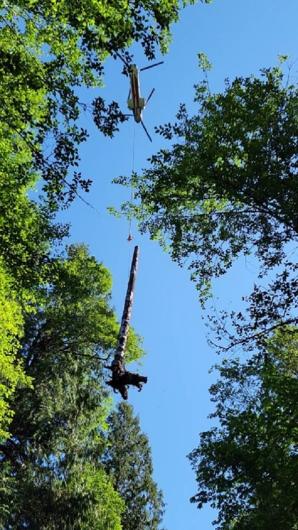 A log suspended from a helicopter