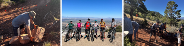 Collage of project photos with a person moving a boulder on a trail, six people on mountain bikes at the top of a mountain, and volunteers performing trail maintenance using landscaping tools. 