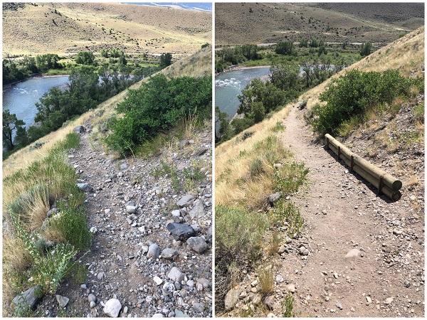 Side-by-side photos of a trail covered in rocks on the left and a cleared trail on the right. 