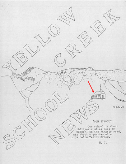 Handwritten drawing from a school newspaper featuring mountains and a small one room school.