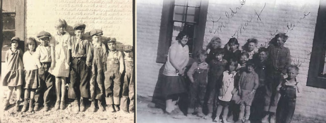 Two photographs of small classes of students from 1915 (8 students) and 1927 (11 students and a teacher).