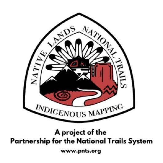 Indigenous Mapping and Research Project (IMRP) logo: A feathered hat with black mountains, a white path, and surrounded by the words: "Native Lands- National Trails -Indigenous Mapping 