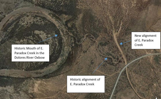 An aerial map of the oxbow disconnected from Paradox creek. The stream that once connected to the oxbow has started to flow straight instead of towards the left. 