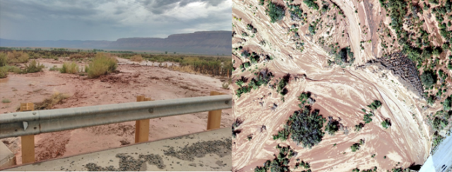 On the left, the East Paradox stream is flooded and on the right, an aerial photo shows the extent of flooding. The original, natural flow of the stream is unrecognizable. 