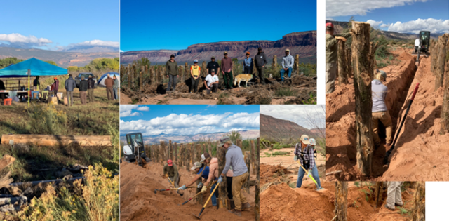 A collage of many photos with BLM employees and volunteers working with different tools to restore the stream to its original flow. Large stakes were placed in the ground to re-route the stream. 