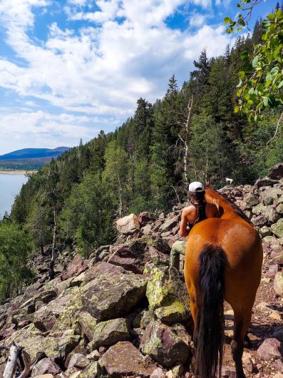 Horse and woman on trail in mountains