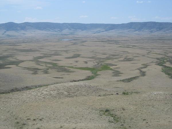 aerial view of the landscape the interns surveyed: a brown plain with mountains in the distance.
